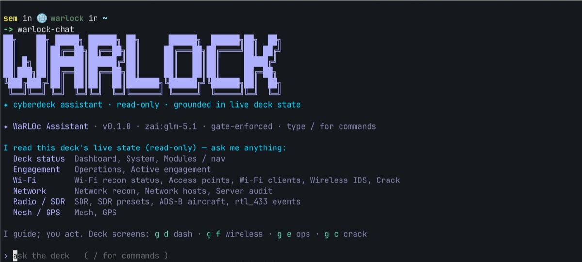 WaRL0c assistant in the terminal — a large WARLOCK ASCII banner, 'cyberdeck assistant, read-only, grounded in live deck state', listing what it can answer about: deck status, engagement, Wi-Fi, network, radio/SDR, mesh/GPS