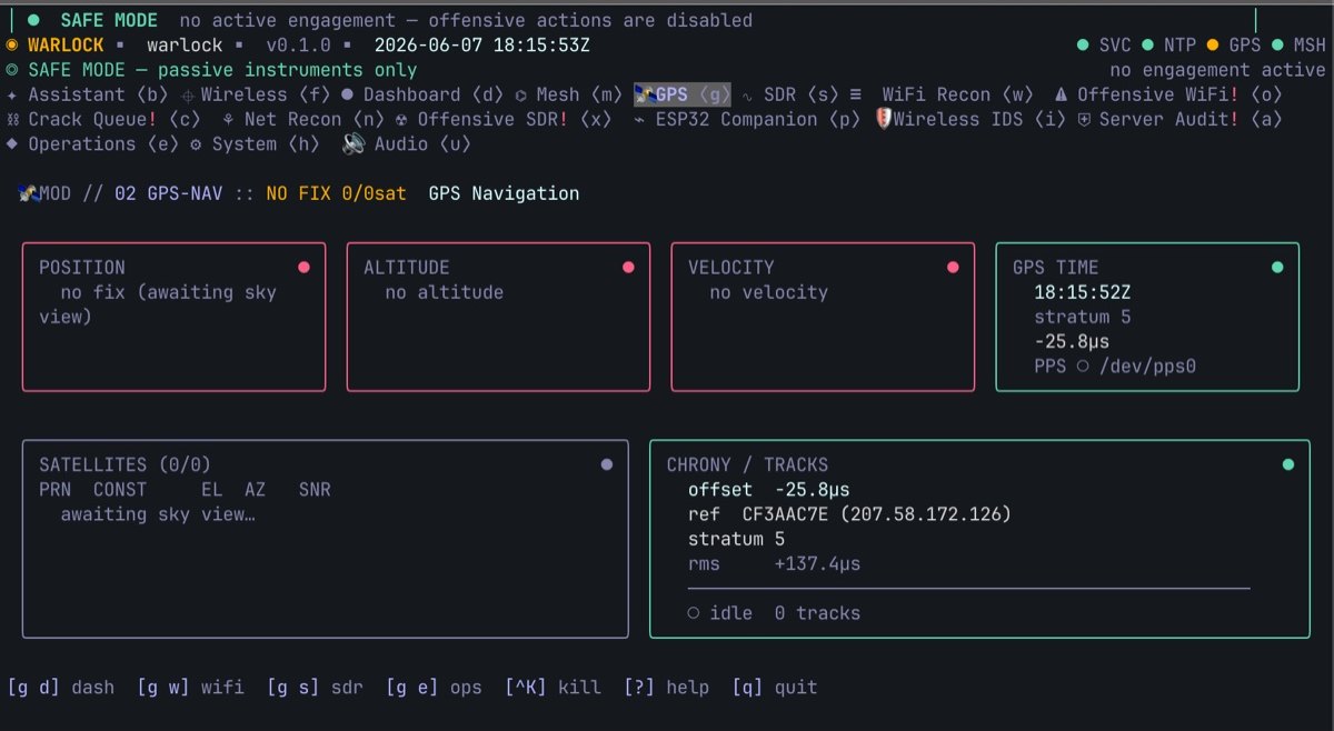 Warlock OS GPS navigation — position, altitude, velocity, GPS time with PPS on /dev/pps0, satellites, and chrony tracking disciplining the clock