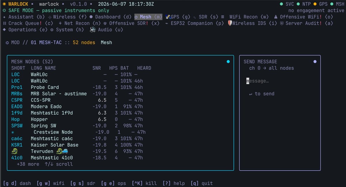 Warlock OS mesh screen — 52 Meshtastic nodes with short name, long name, SNR, hops, battery, and last-heard, plus a 'send message to all nodes' panel