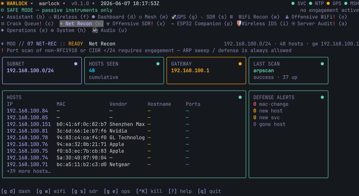 Warlock OS network recon — subnet 192.168.100.0/24, 48 hosts discovered, gateway, ARP host table with IP/MAC/vendor, and a defense-alerts panel (mac-change, new host, new service, gone host)