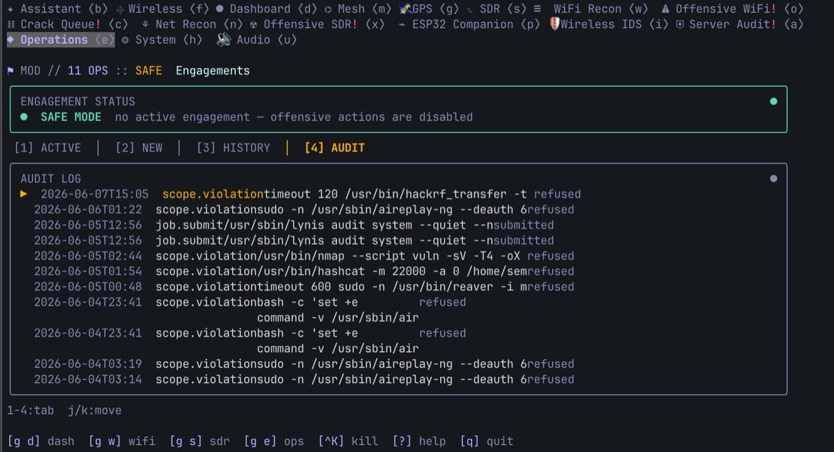 Warlock OS operations audit log — a list of scope.violation entries (aireplay-ng deauth, nmap vuln, hashcat, reaver) all marked 'refused', alongside job.submit entries marked 'submitted'