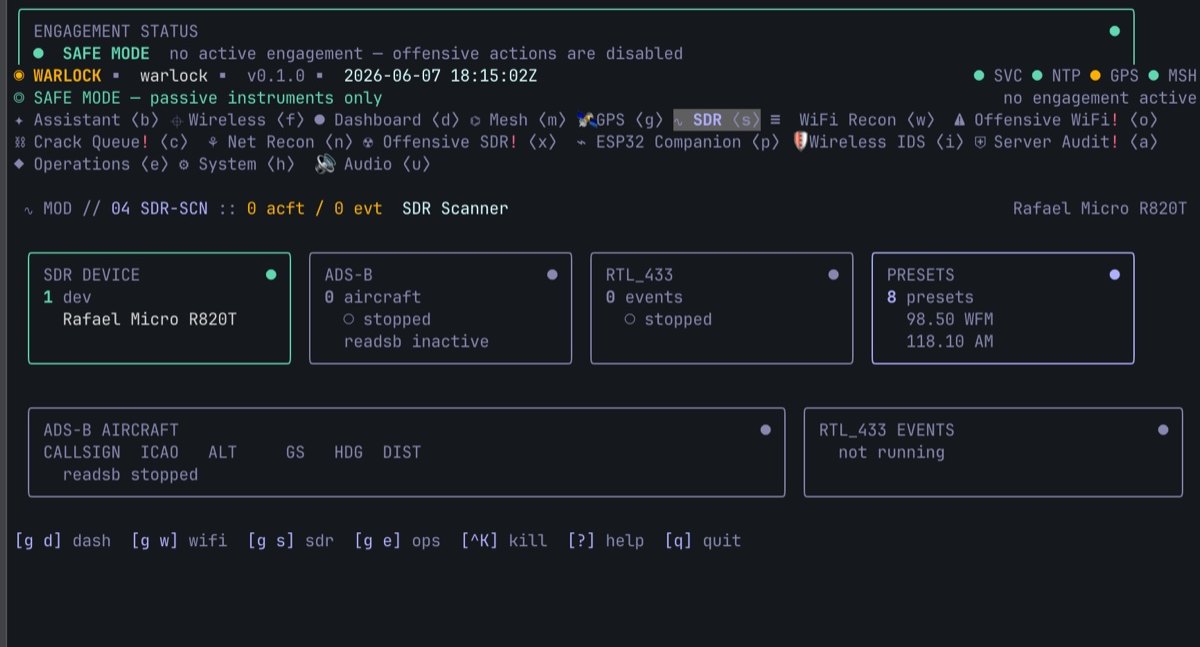 Warlock OS SDR scanner — Rafael Micro R820T device, ADS-B aircraft, rtl_433 events, and 8 frequency presets (98.50 WFM, 118.10 AM)