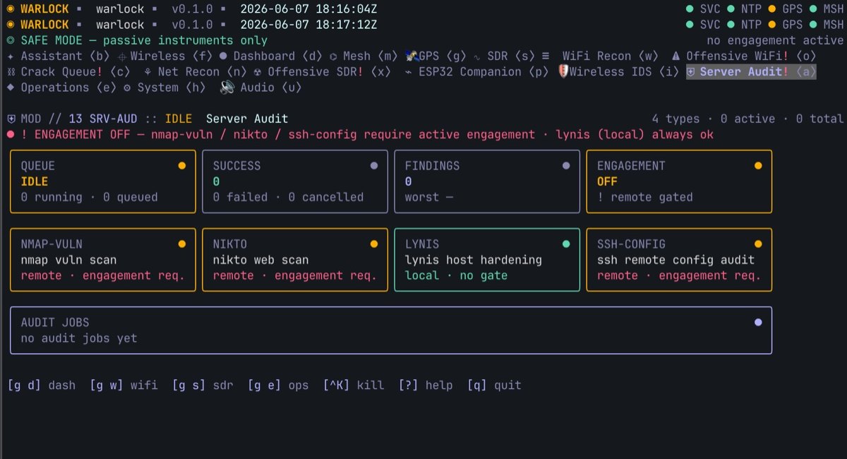 Warlock OS server audit — nmap-vuln, nikto, lynis, and ssh-config audit types; remote types require an active engagement, local lynis is always allowed