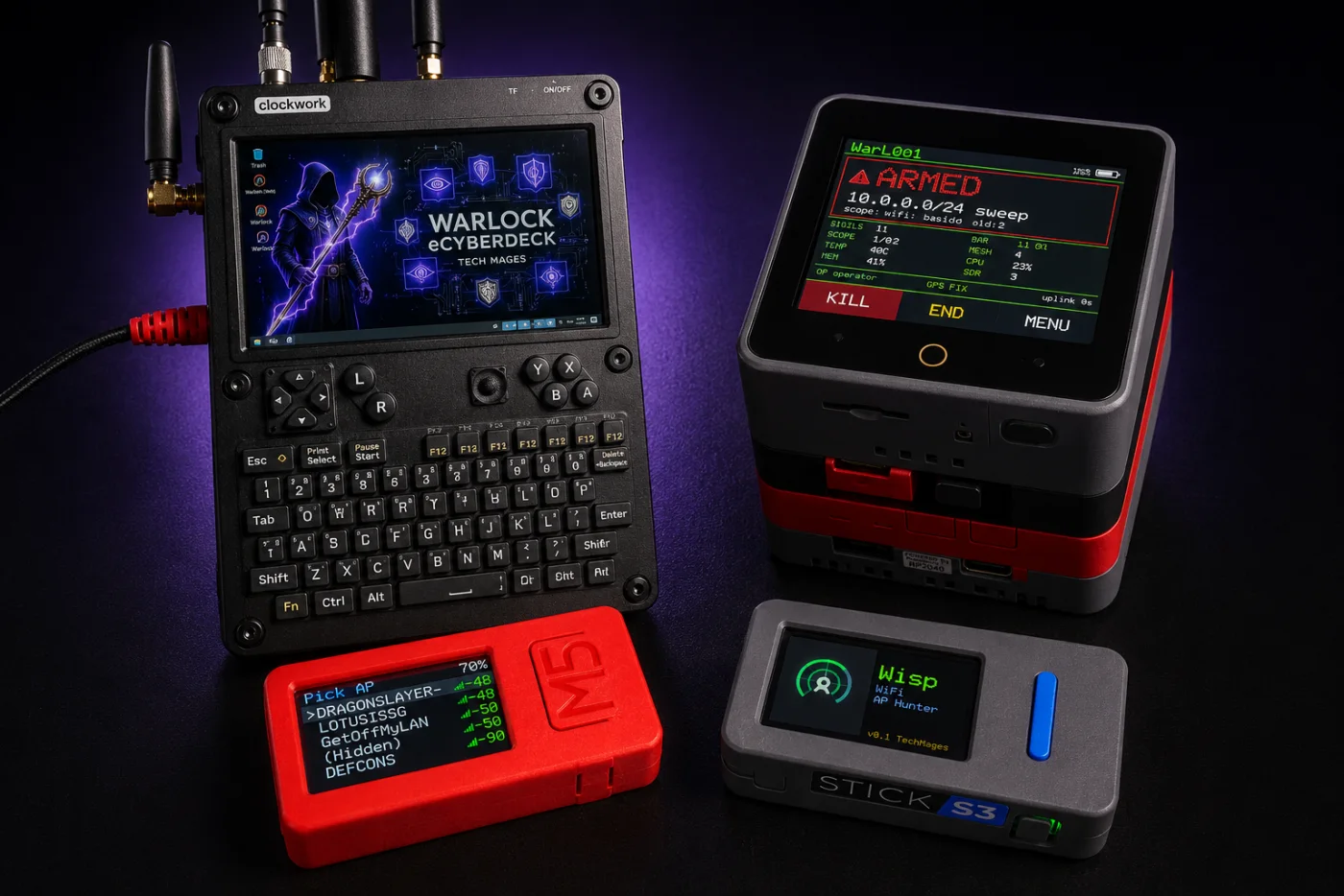 The TechMages family — the Warlock cyberdeck running its WARLOCK splash, the Warlock Buddy showing the red ARMED gate HUD, and the Wisp Wi-Fi locator handhelds