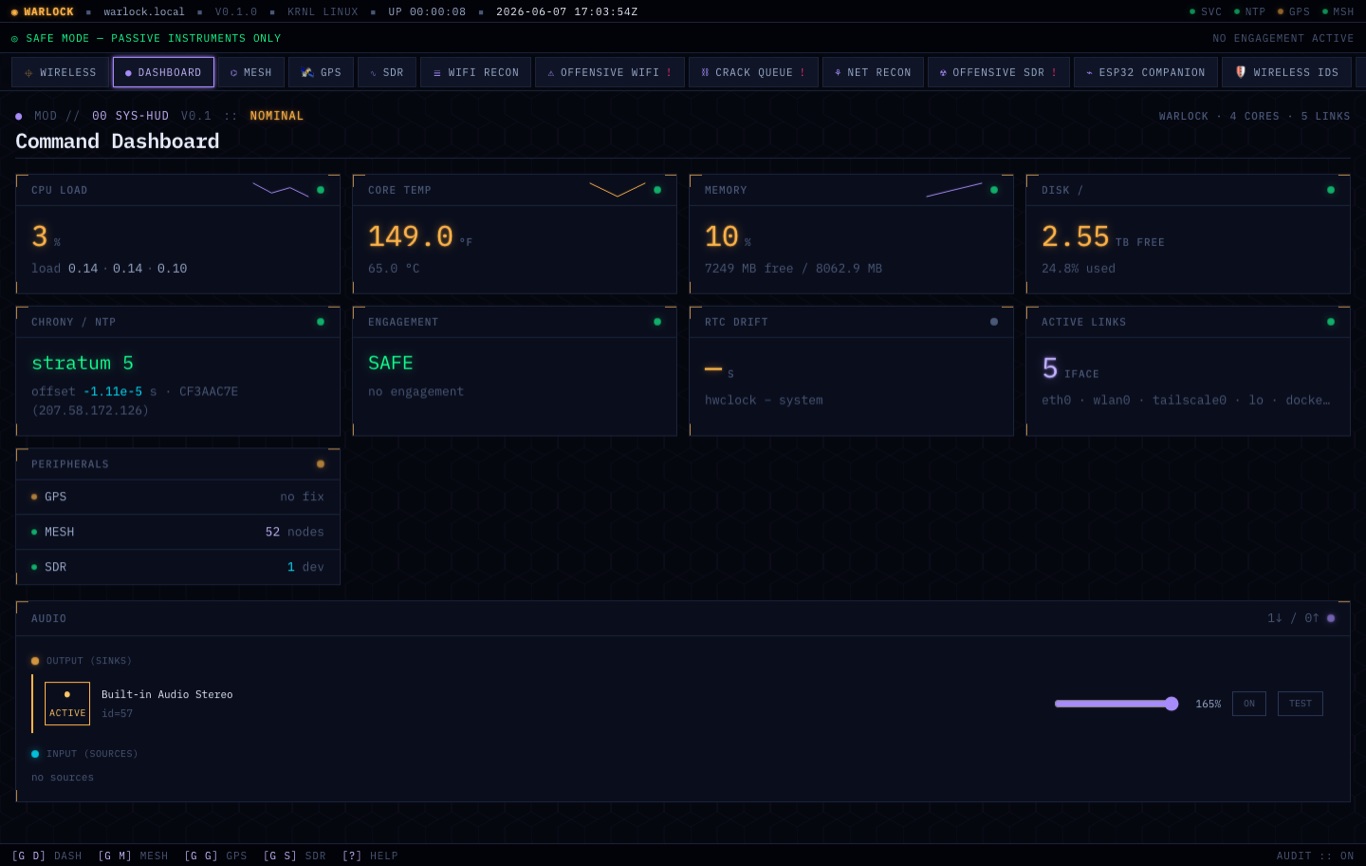 Warlock OS web dashboard running in a browser