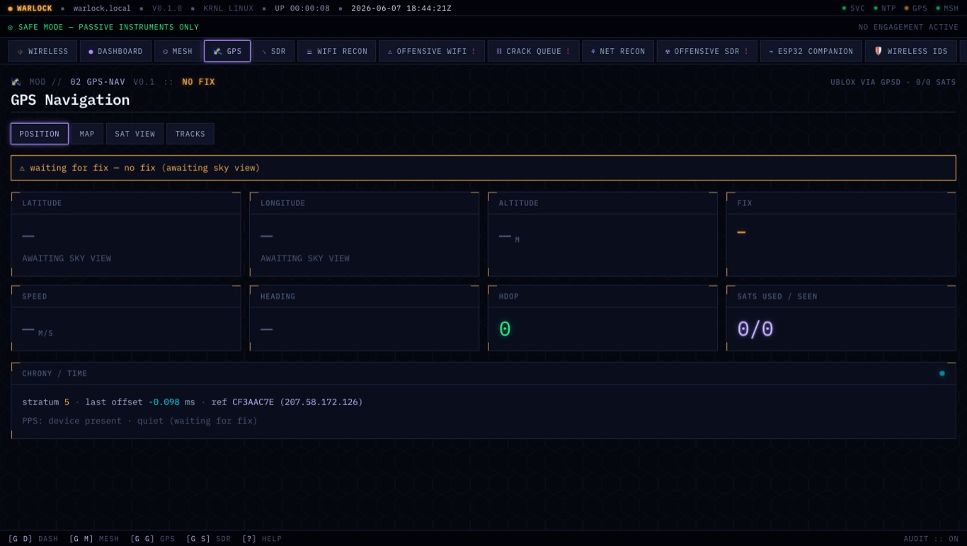 Warlock OS web GPS page — position, altitude, velocity, satellites, and PPS time discipline