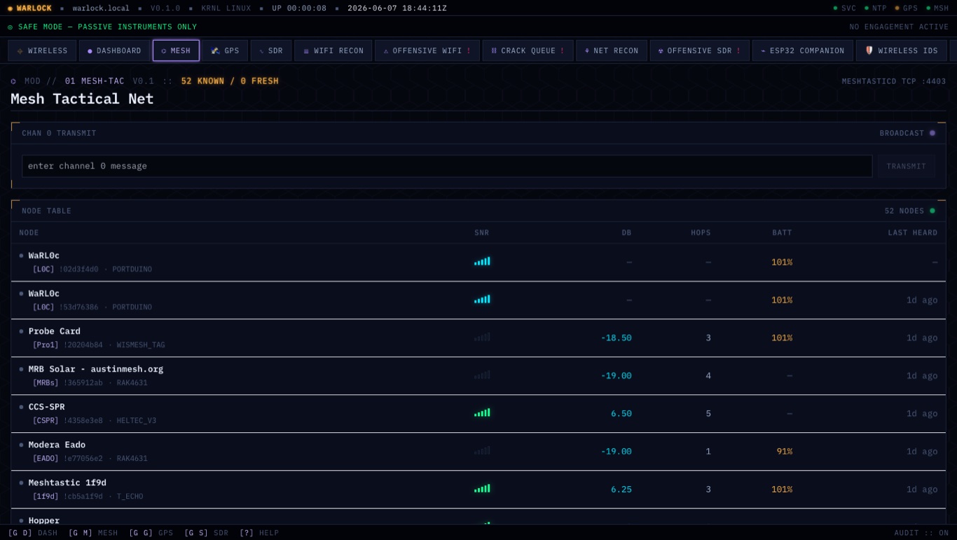 Warlock OS web mesh page — Meshtastic nodes with signal, battery, and a send-message panel