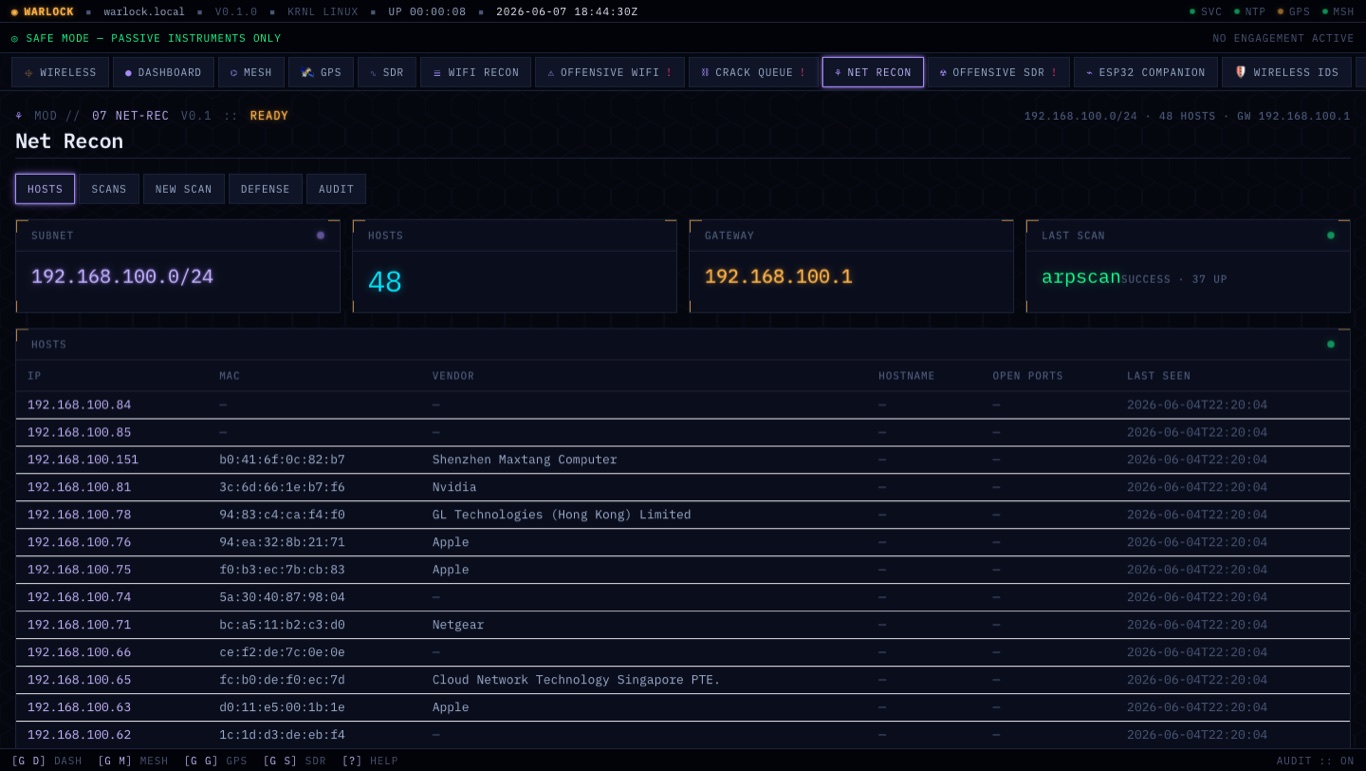 Warlock OS web network recon page — subnet, host table with IP/MAC/vendor, and defense alerts
