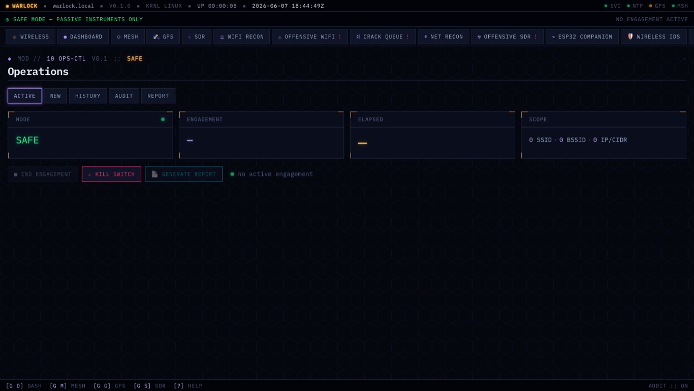 Warlock OS web operations page — SAFE MODE, engagement / elapsed / scope tiles, and an END ENGAGEMENT / KILL SWITCH / GENERATE REPORT control row