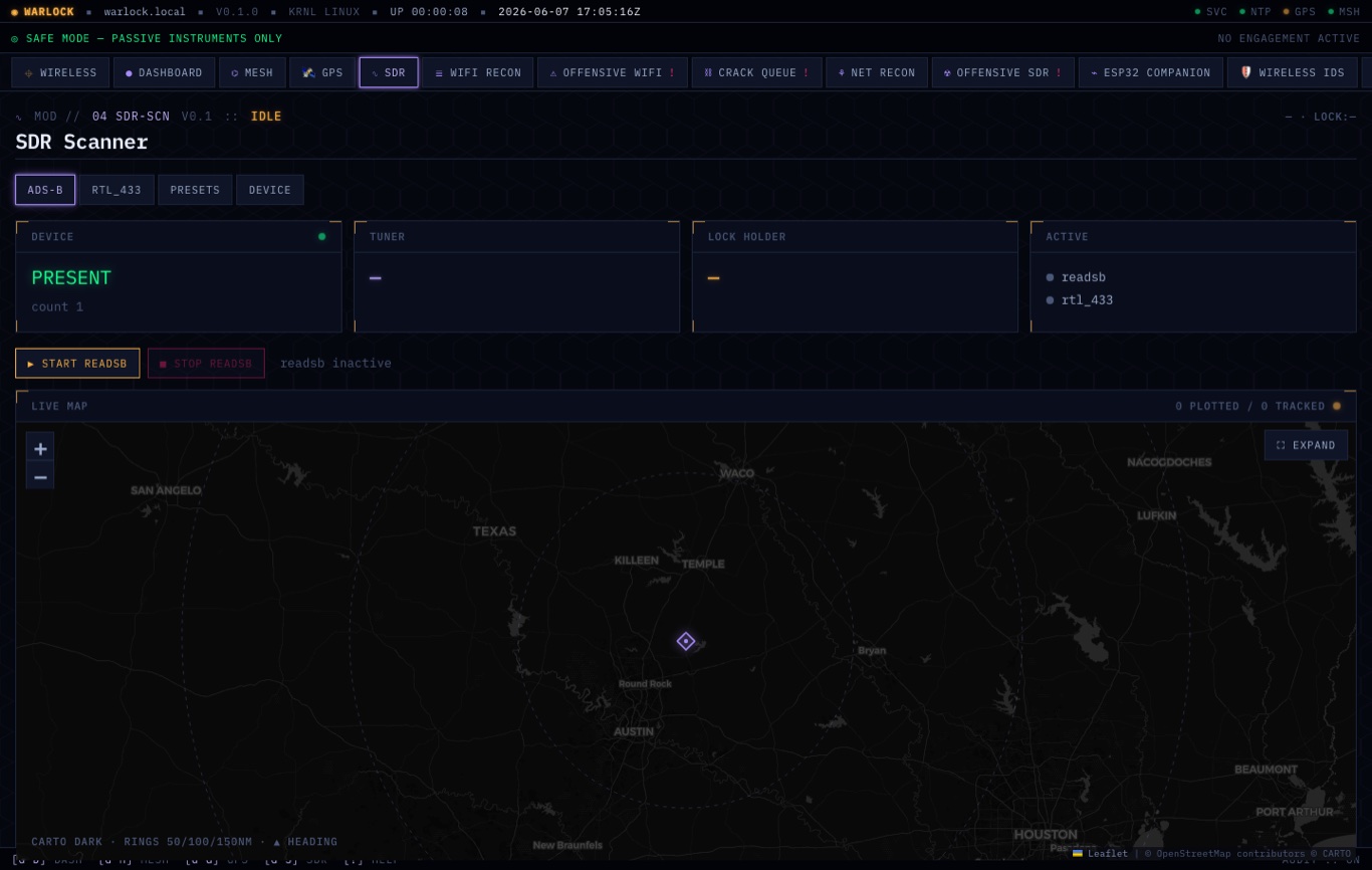 Warlock OS web SDR page — device, ADS-B aircraft, rtl_433 events, and frequency presets