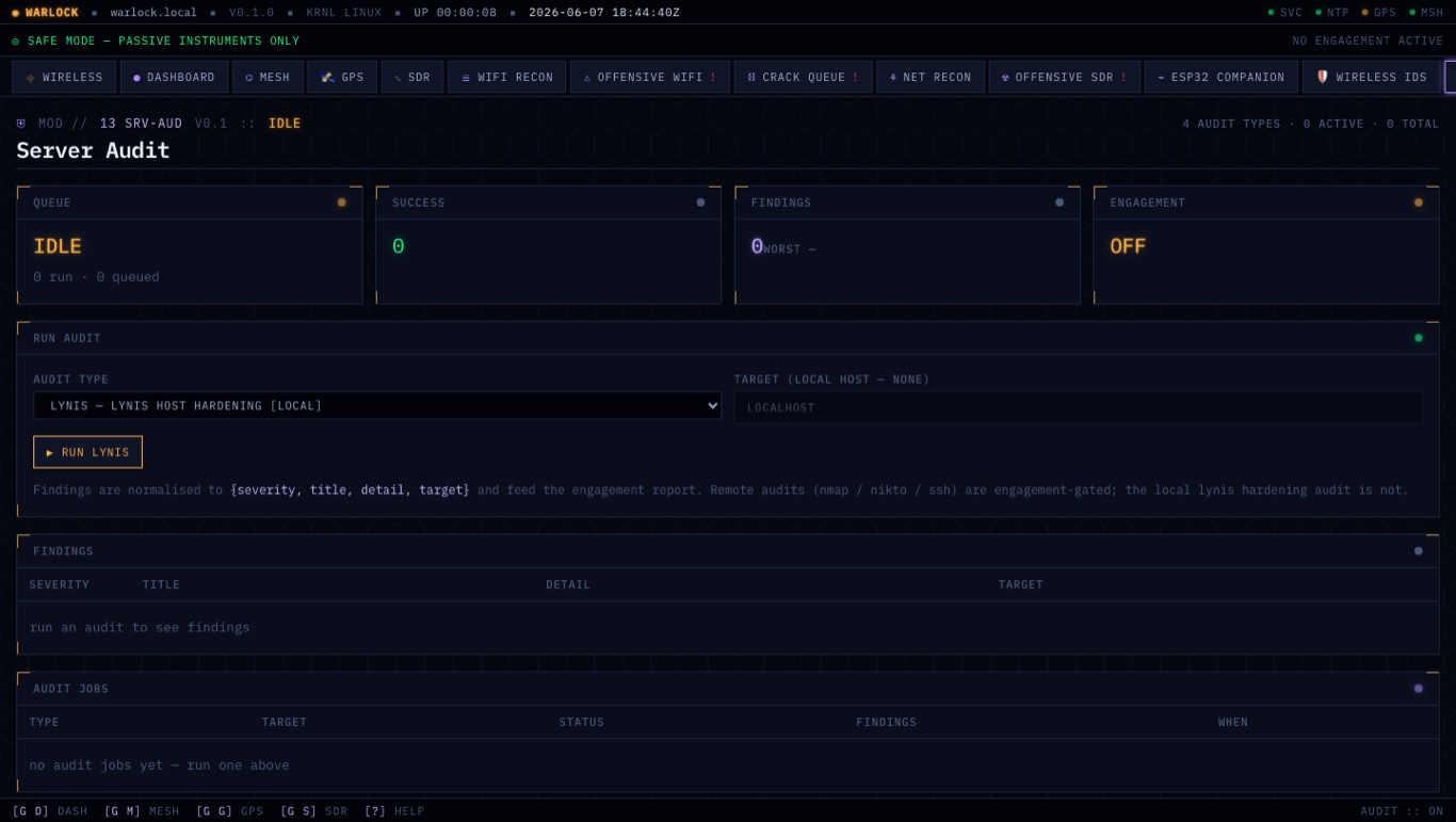 Warlock OS web server audit page — nmap-vuln, nikto, lynis, ssh-config audit types