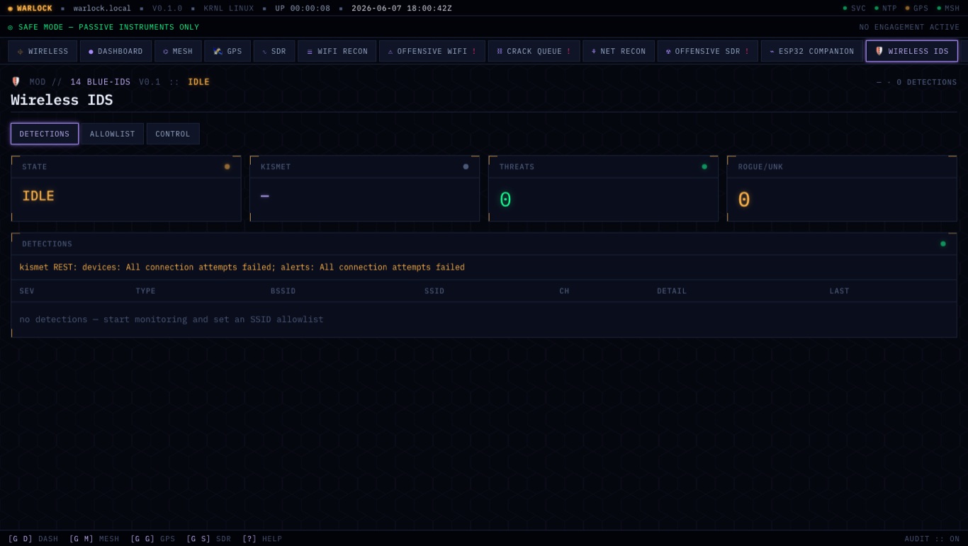 Warlock OS web wireless IDS page — Kismet-driven rogue-AP, evil-twin, and deauth-flood detection