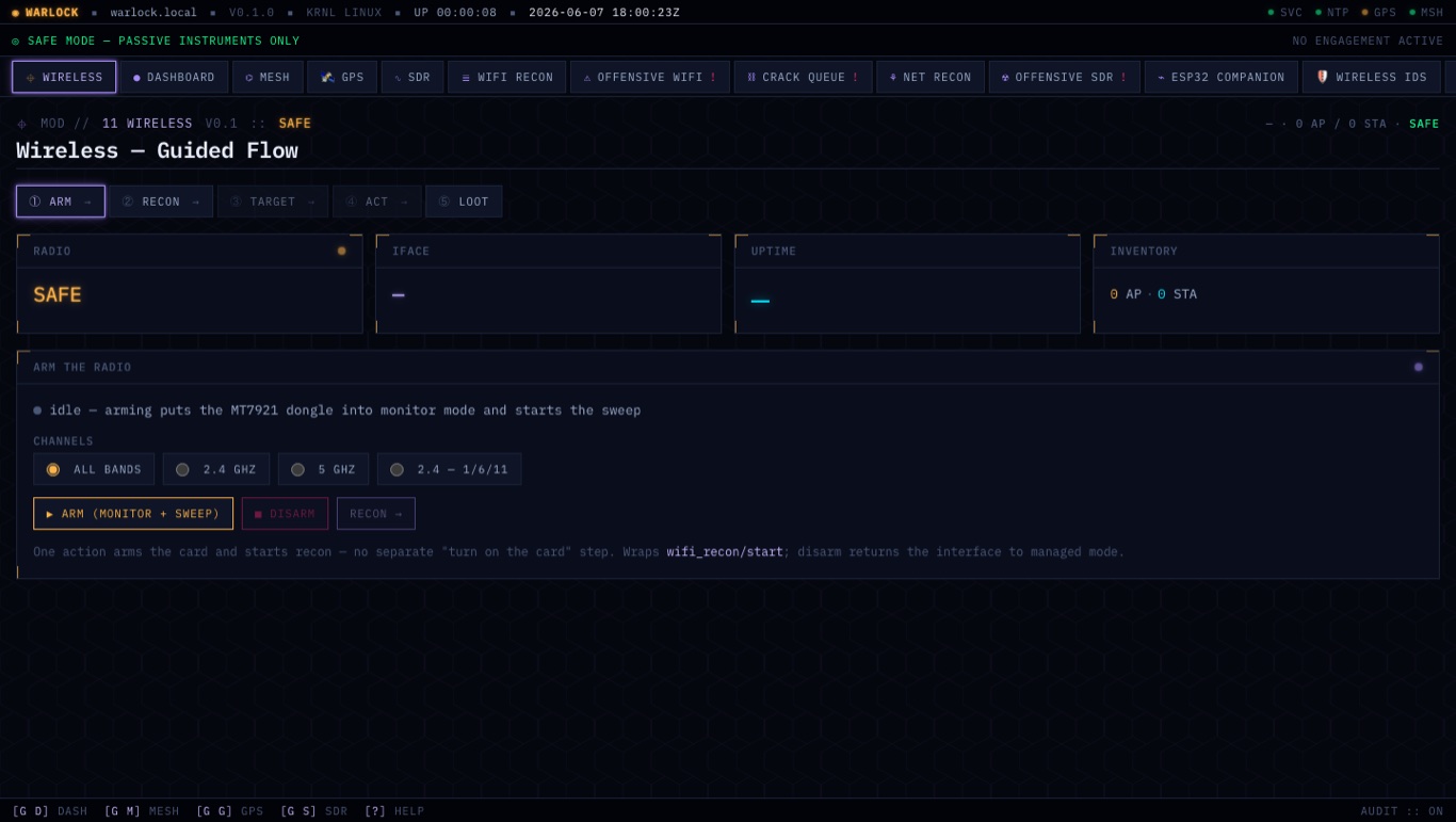 Warlock OS web wireless page — the guided ARM, RECON, ACT, LOOT flow