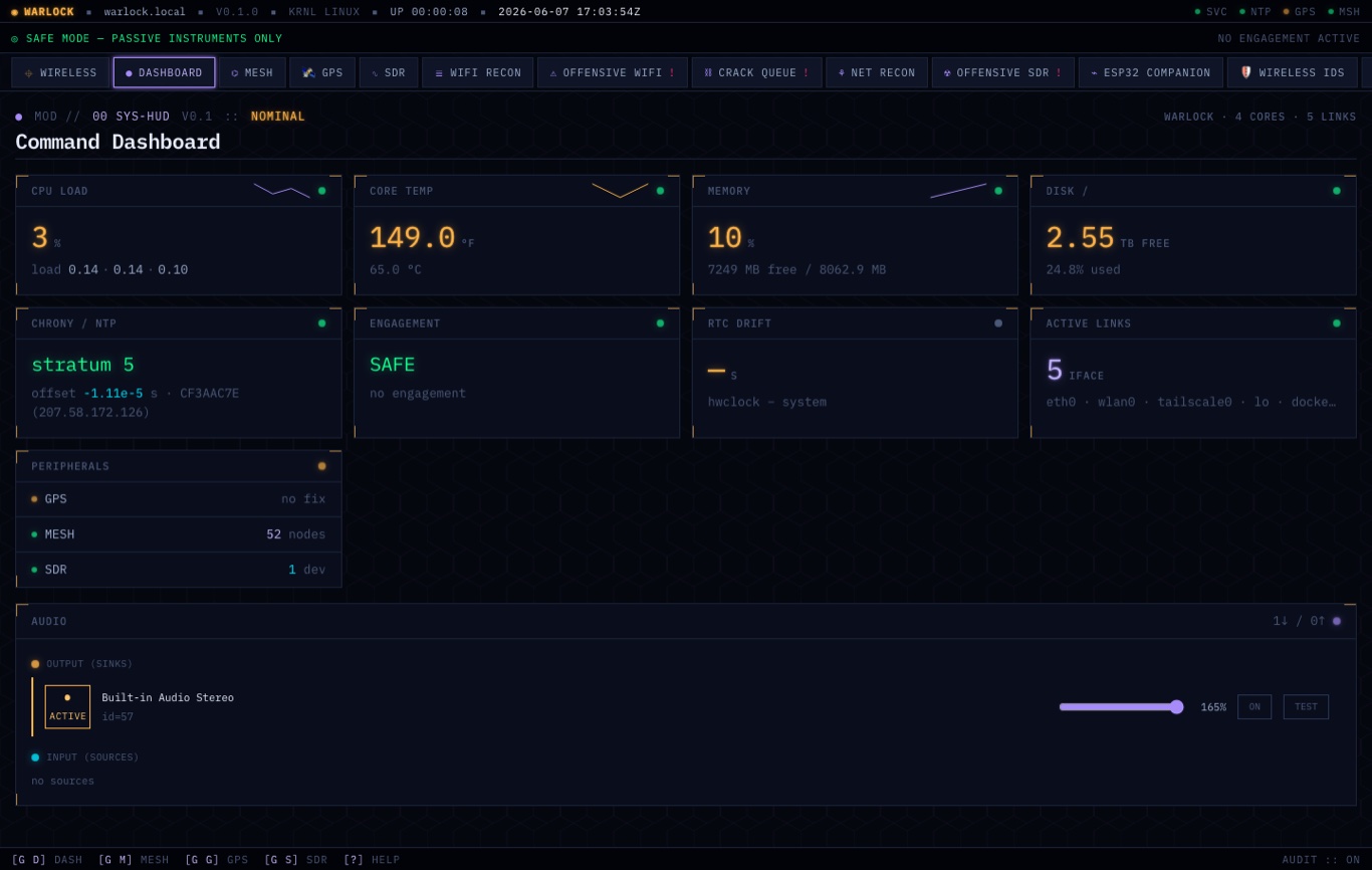 Warlock OS command dashboard — SAFE mode banner, module rail, and live CPU / temperature / memory / disk telemetry tiles with engagement status and mesh node count