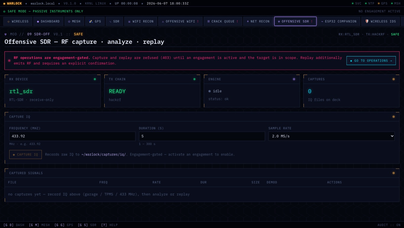 Warlock OS Offensive SDR page — RF capture and replay refused with HTTP 403 until an engagement is active and the target is in scope