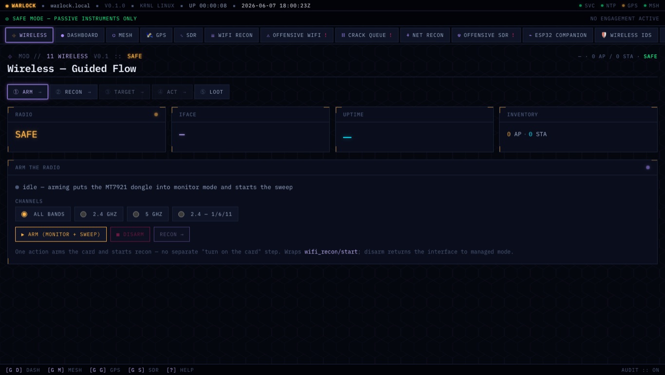 Warlock OS wireless guided-flow page (ARM, recon, act, loot)