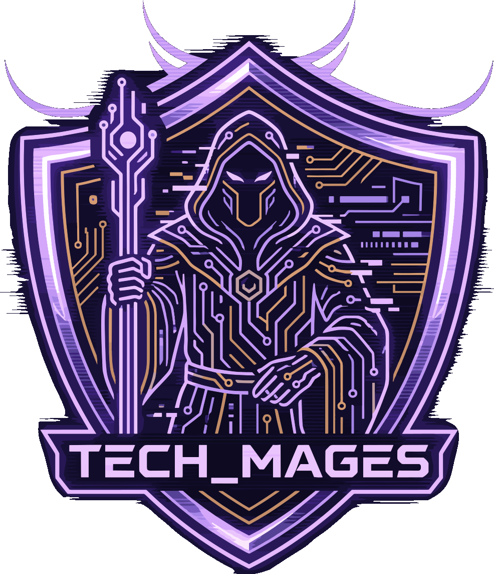 TechMages official mascot — neon hooded shield-mage emblem