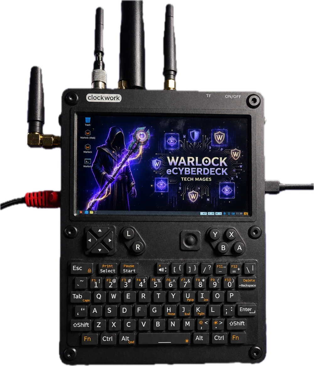 Warlock OS — the ClockworkPi uConsole cyberdeck running the WARLOCK splash